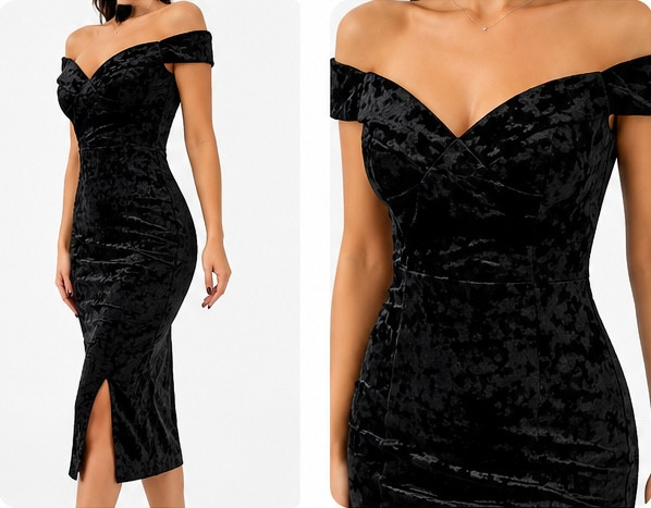پیراهن مجلسی مخمل مشکی یقه دلبری ویچی